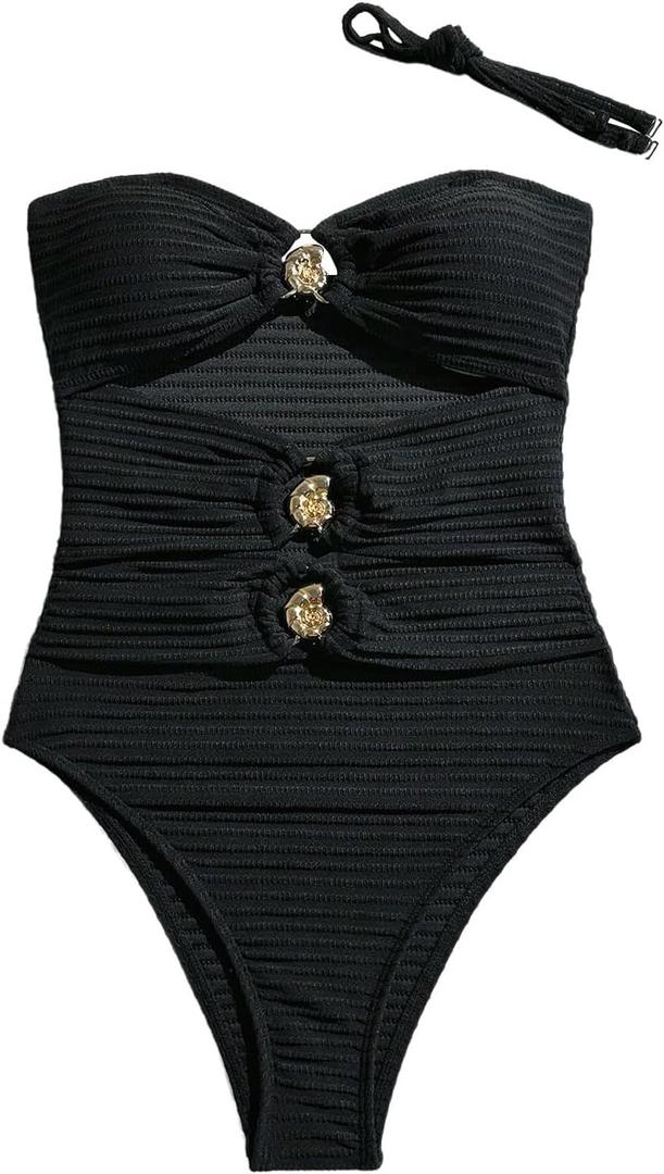 Milumia Women's One Piece Cut Out Ring Swimsuit Bandeau Textured Bathing Suit with Straps (Black, Medium)