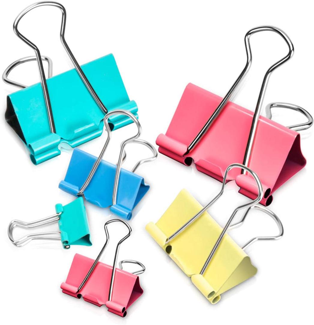 Binder Clips - Assorted Sizes 100 Count, X Large, Large, Medium, Small, Mini Paper Clamps Combination, Suitable for Office Supplies, Home, and School Use (Colorful)