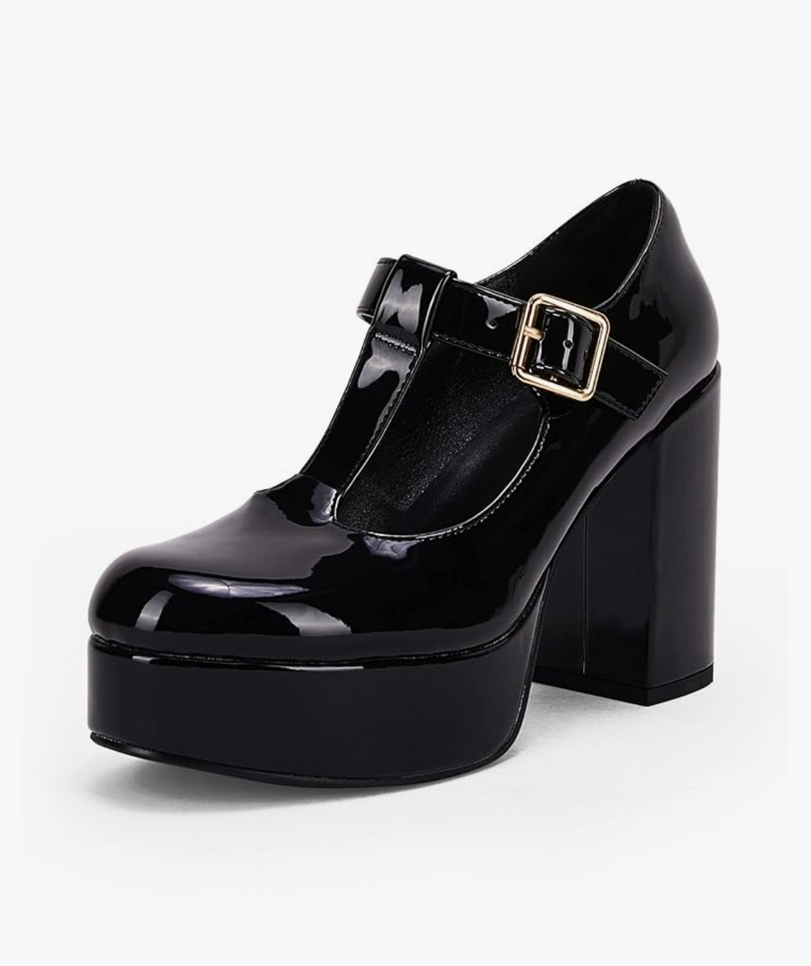 Coutgo Women's T-Strap Round Toe Platform Heels Chunky Heel Patent Mary Jane Dress Shoes 8