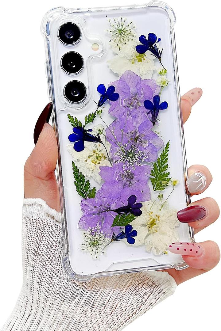 Compatible with Samsung Galaxy S25 Case Cute Pressed Dried Real Flowers Design Women Girly Shockproof Soft TPU Floral Clear Phone Cover for Galaxy S25 (Purple Flower)