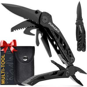 Pohaku Multitool Pocket Knife, Gifts for Men, 13 in 1 Pocket Multi Tool with 3" Large Blade, Safety Locking Design, Spring-Action Plier, Durable Nylon Sheath for Camping, Fishing, Survival, Hiking