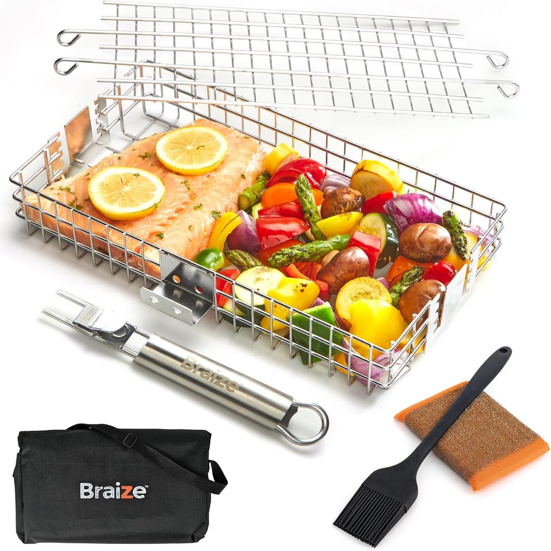 Adjustable Grill Basket with Removable Handle  4 Height Levels for Vegetables, Meat, Fish & More  BBQ Grilling Basket with Locking Lid, Basting Brush, Scrub Sponge & Storage Bag for Outdoor Cooking