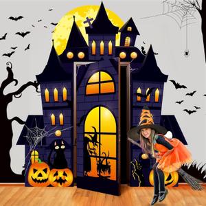 4 PCS Halloween Castle Door Decorations Witch Castle Door Covers Scary Ghost Hanging Banner Backdrop Pumpkin Porch Sign Horror Halloween Photo Props Background for Classroom Office Home Party Decor