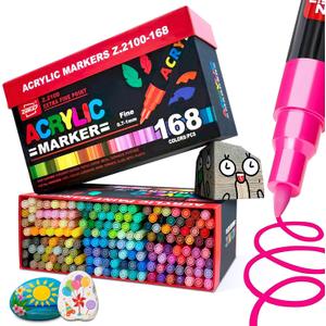 Guangna 168 Acrylic Paint Markers, Hardhead 0.7-1mm Extra Fine Tip Acrylic Paint Pen, Waterproof & High Saturation Ideal for Wood, Metal, Plastic, Canvas, Glass, Ceramic, Rock Painting DIY Art Supplies