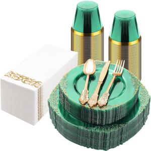 Bestluck 175PCS Clear Green Plastic Plates for 25 Guests, Disposable Plates with Gold Trim include 50 Dinner Plates, 75 Gold Silverware, 25 Cups, 25 Napkins for Party, Wedding and Graduation