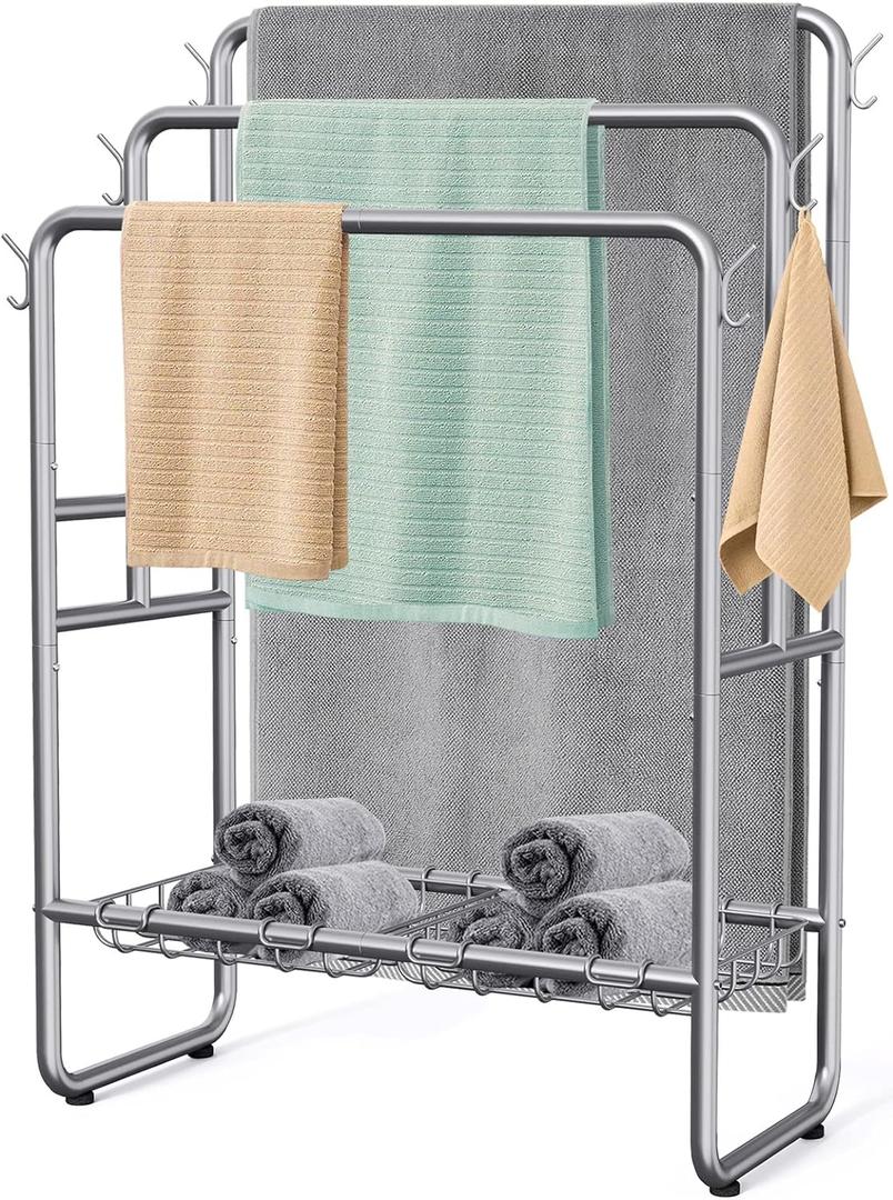 40" H Free Standing Towel Rack with 2 Storage Baskets & 6 Hooks, 3 Tier Silver Metal Towel Stand for Extra Large Towel, Modern Industrial Blanket Ladder Display and Drying Rack for Bedroom Bathroom (Grey)