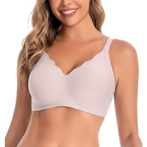 Womens Seamless Bras No Underwire Supportive Wireless Push Up Full Coverage Bralette Comfort Scalloped T-Shirt Bra (X-Large)