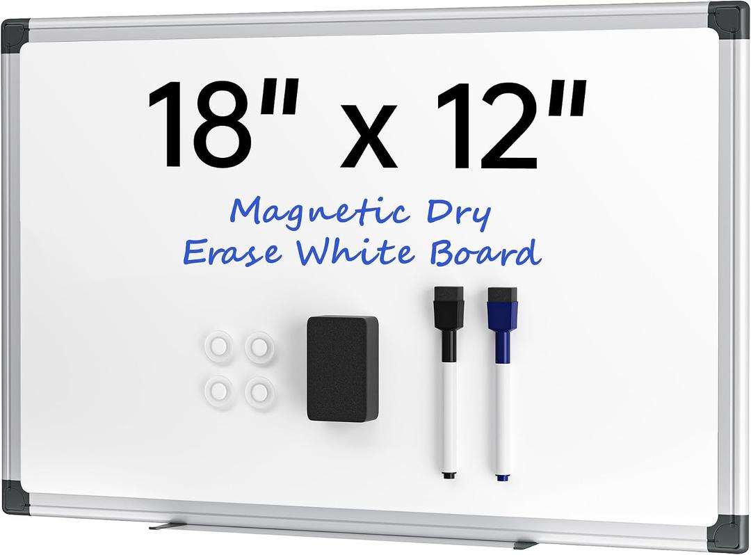 VUSIGN 18" x 12" Small Magnetic Whiteboard for Wall, Dry Erase Board with Silver Frame, Hanging White Board for Office, Home, School, Dorm Includes Markers, Magnets & Eraser