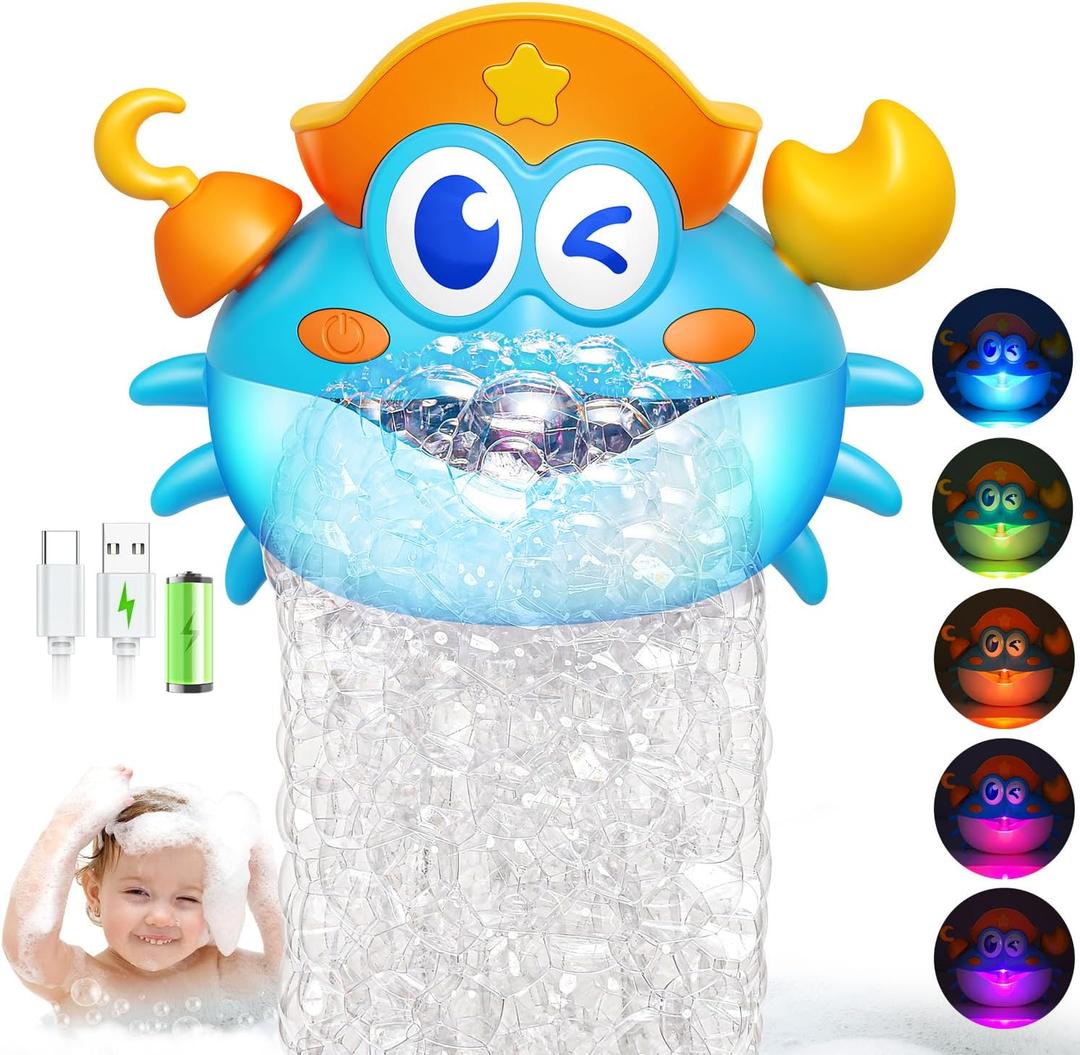 Bath Toys, Rechargeable Crab Baby Bath Toys Light Up Bath Bubble Machine with Colourful RGB Light Great Birthday Gift for Boys and Girls Toddler Toy for Kids Ages 1-3 4-8