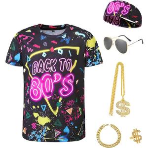 Lainvenor 80s 90s Outfits for Boys 5 Pcs Hip Hop Rapper Accessories Kids Colorful T Shirt Costume for Cosplay Theme Party (Size 150)