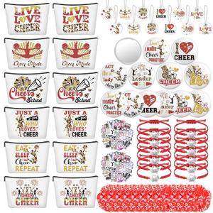 Lyrow 160 Pcs Cheerleader Gifts Bulk for Team Cheer Scrunchies Hair Ties Makeup Bag Cheer Mirror Bracelet Keychain Sticker for Christmas Cheerleader Gift Back to School(Red)