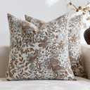 Vintage Floral Throw Pillow Covers 18x18 Pack of 2 Country Farmhouse Accents Chenille Jacquad Decorative Square Pillow Cases for Living Room Couch Bed Home Decor, Camel Khaki Tan