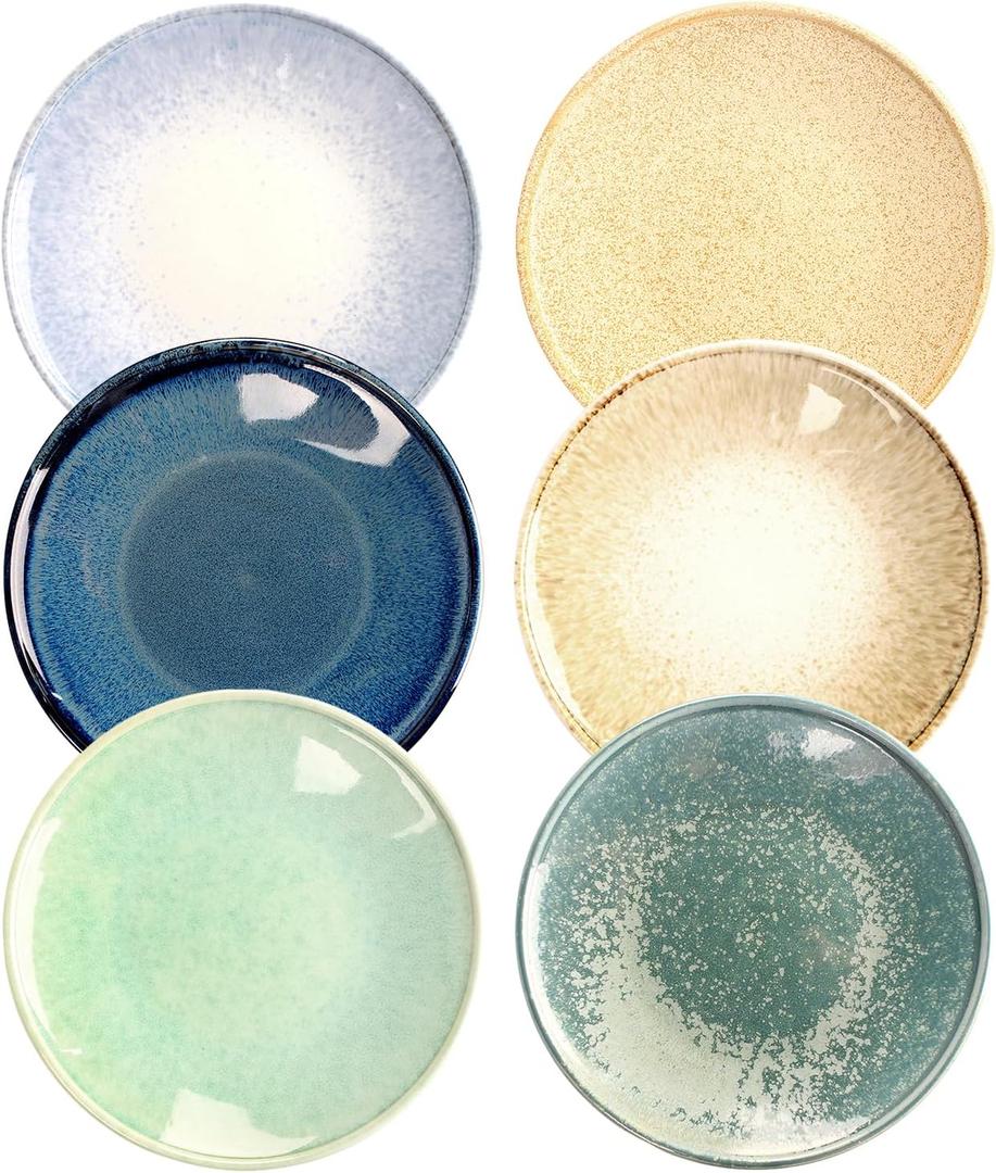 Ceramic Serving Dinner Plates Set of 6 - for Dessert Bread fruit Pizza Pasta Salad Plate Set - Dishwasher, Microwave Safe - Best choice for catering, bars and gourmets, Colorful 8.1 Inch
