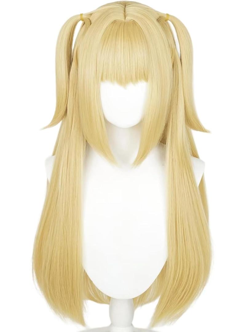 Half and Half MisaAmane Cosplay Wig Long Blonde Anime Ponytail Wigs with Bangs 27.5'' Light Golden Pigtails Gothic Wigs for Halloween Party Daily