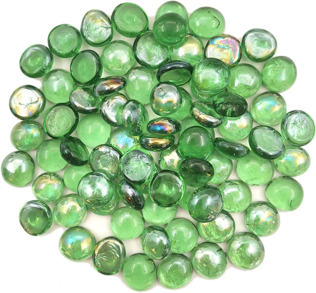 Flat Glass Marbles 1 Pound Vase Filler Fire Pit Glass Pebbles for Indoor Plants, Aquarium Fish Tank Decorations, Home Decor, Fire Pit, Landscaping, Arts Crafts (Green)