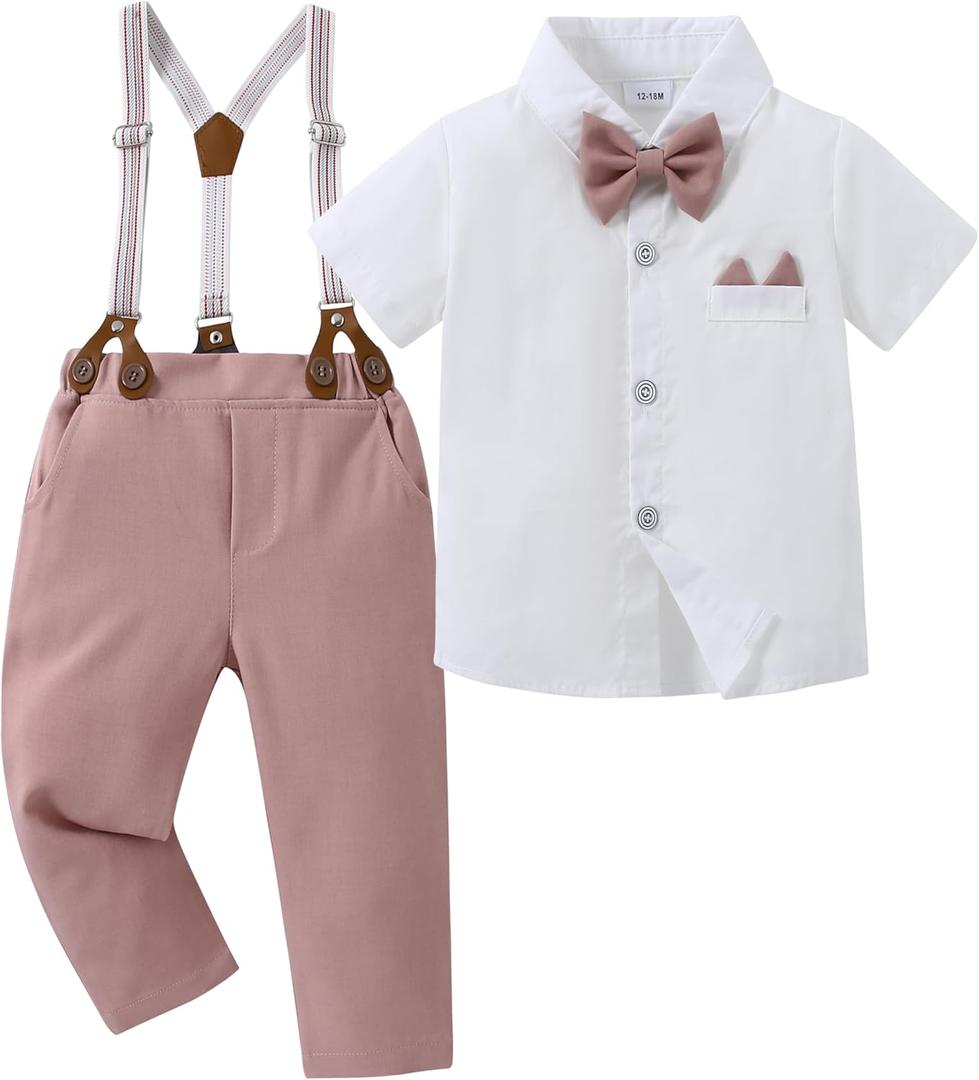 YALLET Toddler Baby Boy Clothes Suit Gentleman Wedding Outfits, Formal Dress Shirt+Bowtie+Suspender Pants(Pink, 2-3T)