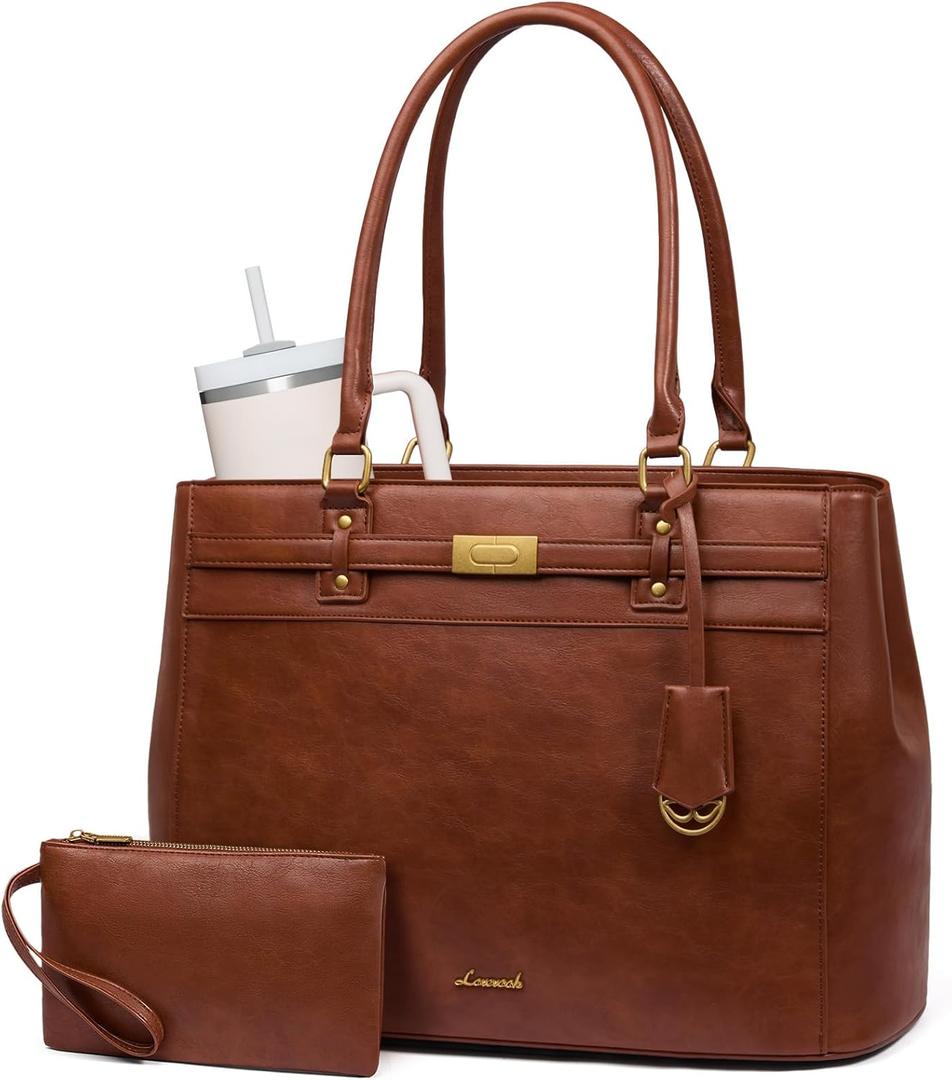 LOVEVOOK Laptop Tote Bag for Women, Waterproof Leather Work Computer Bag, Large Office Briefcase Shoulder Handbag Purse (Medium, Brown)