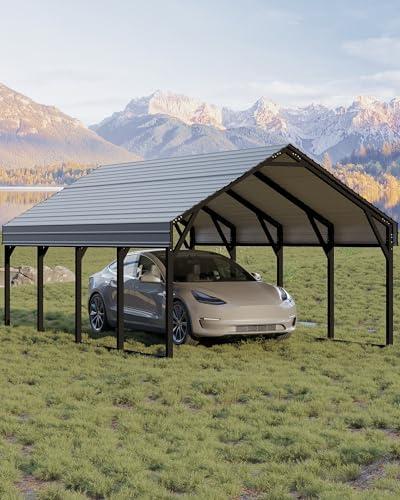 GarveeLife 12x20 ft Metal Carport, Reinforced Frame and Tarp like Roof for All-Weather Use, Permanent Shelter for Bass Boats, Full-Sized Pickup Trucks, and Tractors