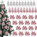 60 Pcs Christmas Glitter Poinsettia Flowers Set 20 Christmas Artificial Poinsettia 40 Berries Stems Berry Picks, Xmas Tree Flowers Decorations Ornaments(Pink,Silver)