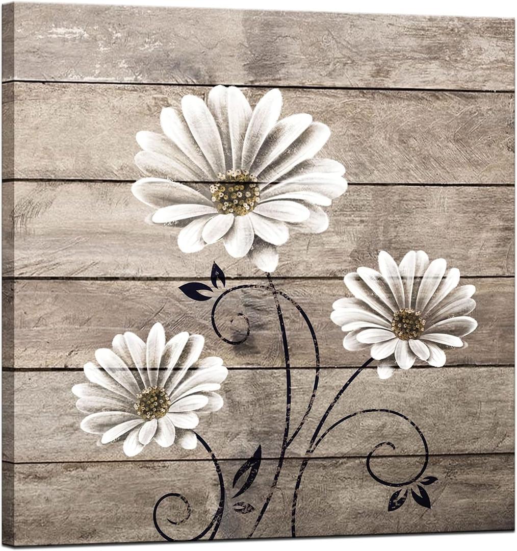 LevvArts Daisy Flower Wall Art Rustic Farm Floral Painting Artwork for Farmhouse Home Bedroom Bathroom Decor Vintage White Brown Flower Art Poster Kitchen Decor Easy Hanging 24x24