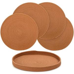 15-Inch Round Woven Placemats Set of 5 with Matching Storage Basket - Heat Resistant, Non-Slip Natural Cotton Table Mats for Indoor & Outdoor Dining, Perfect Boho & Modern Farmhouse Party Decor