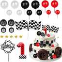 25 Pcs Racing Cake Topper Set, Birthday Candles Number 1 Glitter Race Car Cake Decorations with Red White Black Balls, Racingr Themed Cake Decor for Hero Party Supplies Halloween Decor