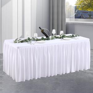White Polyester Table Clothes for 8 Foot Rectangle Tables, Wrinkle Free Fitted Table Cover 8ft Stretch Tablecloths with Skirt for Parties Weddings Birthday Banquet Baby Shower
