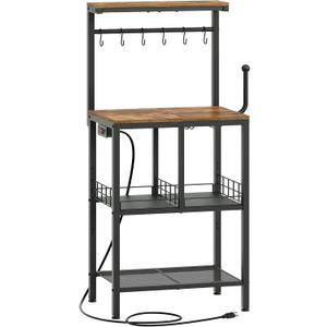 Bakers Rack with Power Outlet, Microwave Stand with Paper Holder, Coffee Bar Station with Glass Holder, 4-Tier Kitchen Storage Rack for Dining Room, Living Room, Rustic Brown HB02UBR