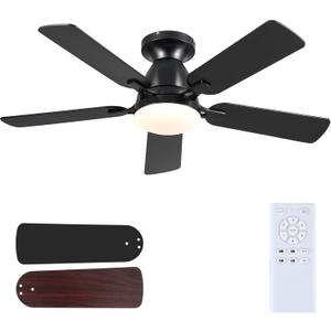 Mpayel Ceiling Fans with Lights and Remote, 46 Inch Flush Mount Low Profile Ceiling Fan with Light, Black Ceiling Fan for Bedroom Living Room, Quiet DC Motor, Reversible, Dimmable LED, Black