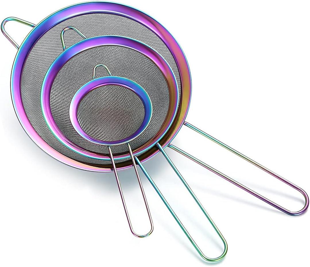 Rainbow Fine Mesh Strainer 3 Pieces Set, Colorful Flour Sifter For Baking, Stainless Steel Clander, Mutil-Color Matcha Tea Strainer, Gravy Separator, Stasher Sieve Pasta Strainers