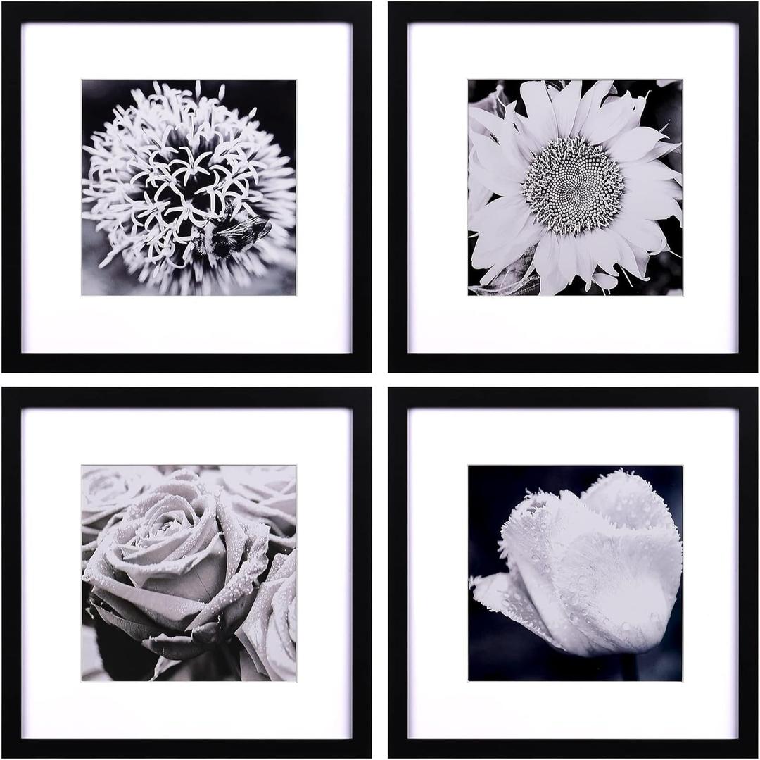 Yaetm 12x12 Picture Frames Black Set of 4, Square Frame Displays 8x8 with Mat or 12 x 12 without Mat, Gallery Wall Frames 12x12 for Wall Mounted (4 Pack, Black) (12"x12", 4 pack)