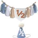 Half Birthday Decorations for Baby Boy Blue Handmade 1/2 High Chair Banner with Cone Hat for Half Way To One Baby Boy 1/2 Birthday Wall Hangings Decorations
