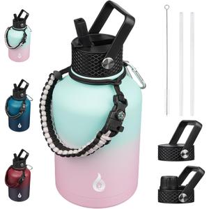 BJPKPK Insulated Water Bottles with Straw Lid, 50oz Large Water Bottle with 3 Lids and Paracord Strap, Stainless Steel Metal Water Bottle, Insulated Water Jug,Marshmallow