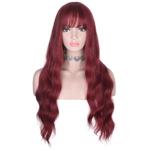 Red Long Wavy Wig with Bangs for Women Heat Resistant Synthetic Hair Wigs for Daily Use(Burgundy)