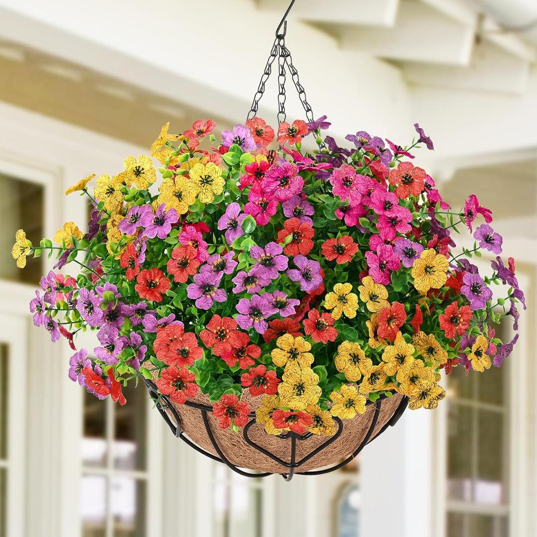 Waipfaru Artificial Flowers for Outdoors, Fake Hanging Plants Flowers with Basket, Faux Green Plant in Metal Coconut Lining Pot, Daisy with Eucalyptus Leaves for Garden Spring Summer Decor(Colorful) (1pcs)