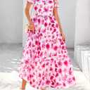 PRETTYGARDEN Women's 2026 Summer Boho Maxi Dresses Floral Short Sleeve V Neck A Line Tiered Flowy Long Beach Vacation Dress (White Pink Floral)