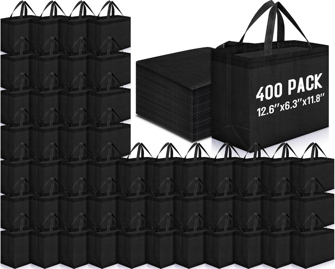 Windyun Reusable Grocery Bags Non Woven with Handles Large Shopping Bags, Foldable Portable Tote Bulk, 12.6 x 11.8 x 6.3 Inch, for Grocery Retail, Bulk Wholesale Supply 400 Pack