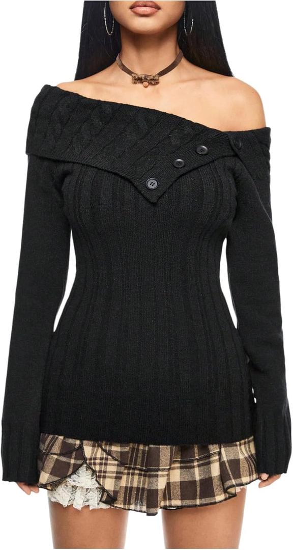 MakeMeChic Women's Off The Shoulder Sweater Foldover Button Rib Knit Long Sleeve Pullover Tops (Large, Black)
