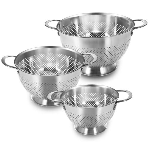 Stainless Steel Colander Set of 2 (1-3.5-5Quart) | Durable Rice and Pasta Strainer with Handle | Oversized Handles | Nesting Design | Rust-Resistant & Dishwasher Safe