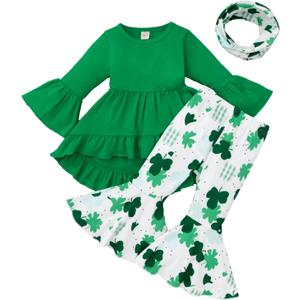 Noubeau Toddler Baby Girl St.Patrick's Day Outfits Ruffle Top Long Sleeve Dress Clover Print Flared Pants+Scarf 3Pcs Clothes (2-3T)
