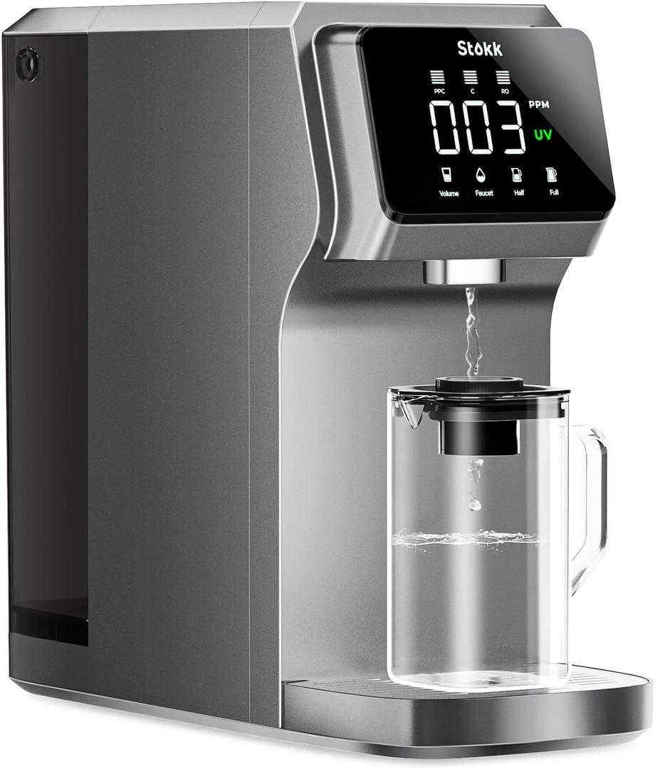 Stokk T1 UV Countertop Reverse Osmosis Water Filter, Carafe Alkaline Boost, 6-Stage RO Filtration System, Reduce TDS PFAS, Large Size (Gray) (Grey)
