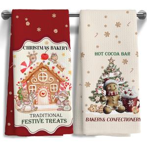 Christmas Gingerbread Man Kitchen Towels - Gingerbread House Kitchen Towels Set of 2,Gingerbreads House Dish Towel for Kitchen Bathroom Indoor Home Decor 16x24 Inch (Color-01)