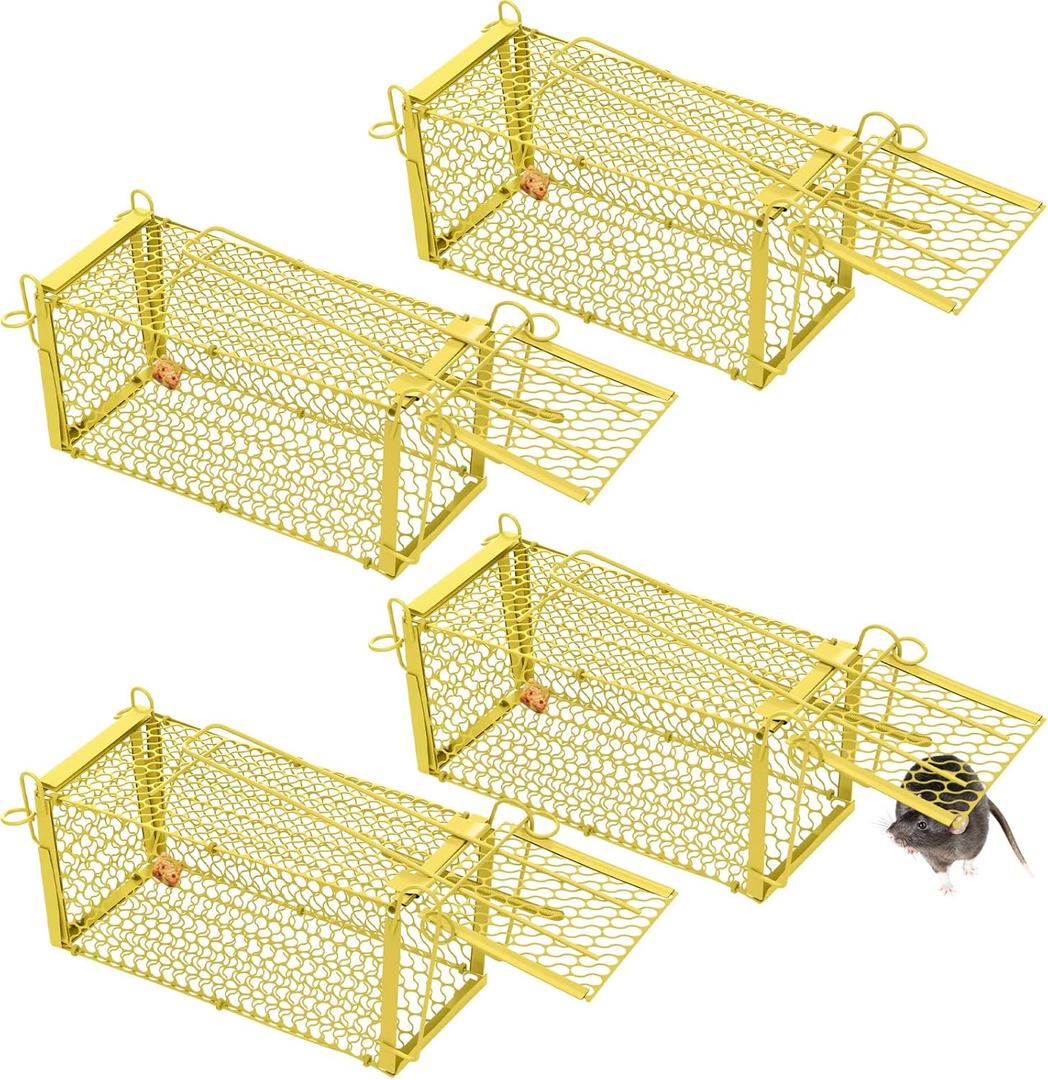 Qualirey 4 Pcs Humane Rat Trap Chipmunk Squirrel Cage Trap 4.33 x 4.33 x 9.06 Inches Foldable Rodent for Small Live Animal Voles Hamsters Catch and Release for Kitchen Yard Garage (Yellow)