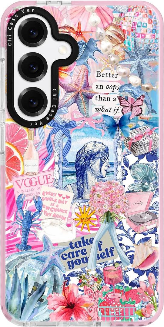 for Samsung Galaxy S24 Ultra Case, Coastal Collage Pattern, Military-Grade Drop Protection, Seaside Daydream Soft Slim TPU Protective Cover with Camera Protection for Women & Girls (BuleSummer)