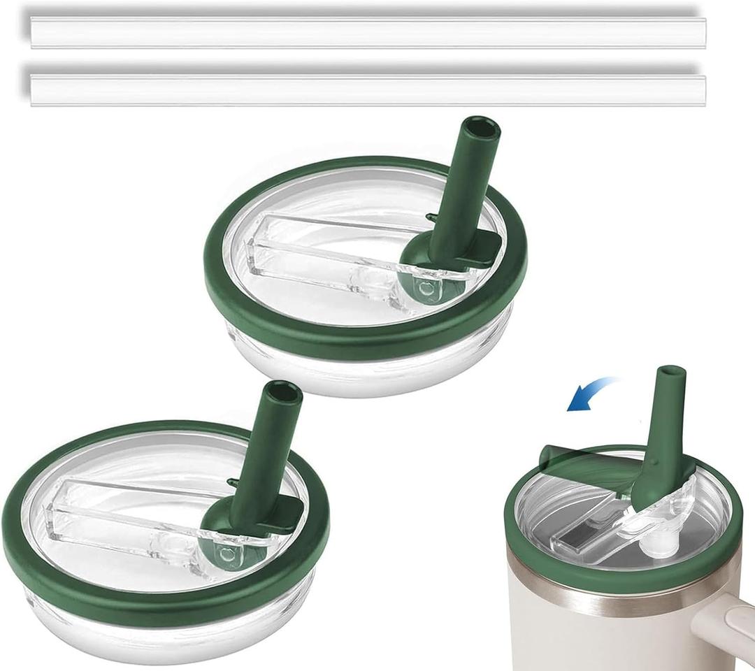 2 Pack 40 oz Tumbler Flip Straw Lid Replacement Compatible for Stanley Quencher, Leak-Proof Splash Resistant Tumbler Lids,Reusable Tumbler Cover for Stanley Cup (Dark Green)