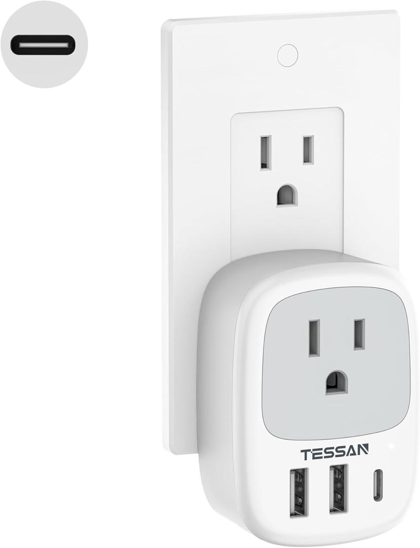 Wall Charger Block, 3 USB Charging Ports (1 USB C) and 1 AC Outlet Splitter, TESSAN 1875W Wall Outlet Extender, Multi Plug Adapter for Cruise, Home, Office, Dorm Room Essentials