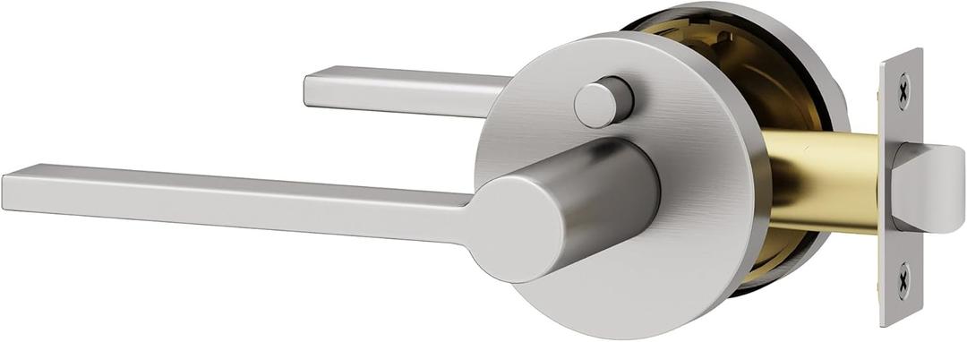Okun Muse 1-Pack Brushed Nickel Privacy Door Levers  Push Button Lock, Reversible, Sleek Concealed-Mount Design for Bedroom & Bathroom