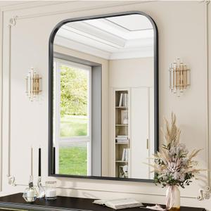 Black Wall Mounted Bathroom Mirror - 36 x 34" Inch Round Top Right Angle Wall Mirror, Aluminum Metal Framed, Decor for Living Room, Bedroom, Fireplace, Mantle, Entryway, Bathroom