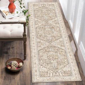 Yamaziot Washable Runner Rug, 2'×10' Non-Slip Boho Vintage Hallway Rug Runner with Rubber Backing, Stain Resistant & Low Pile Faux Wool Distressed Carpet Runner for Bedroom, Kitchen, Laundry, Entrance