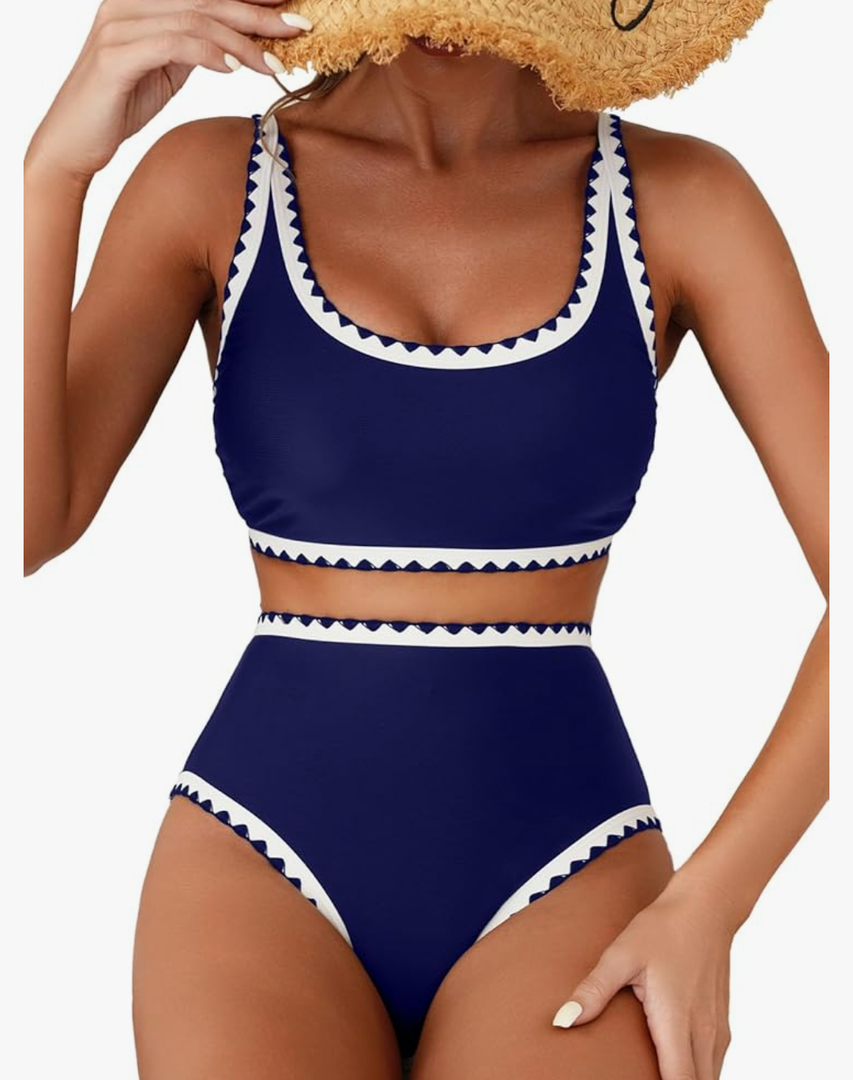 Herseas Bikini Sets for Women Shell Stitch Swimsuits 2026 Summer Plus Size High Waisted Stretchy Bathing Suits Modest Pool Swimming Essentials Blue Beach Vacation Clothes Large